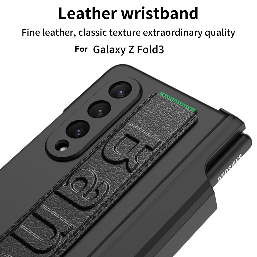 For Samsung Galaxy Z Fold 3 Fold3 Case Matte Wristband Magnetic Hinge Pen Holder Kickstand Shockproof Hard Back Case Accessories