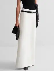 Freeacy Spring and Summer Simple High Waisted Skirt for Women White Black Solid Color Split-back Floor-Length Elegant Skirts