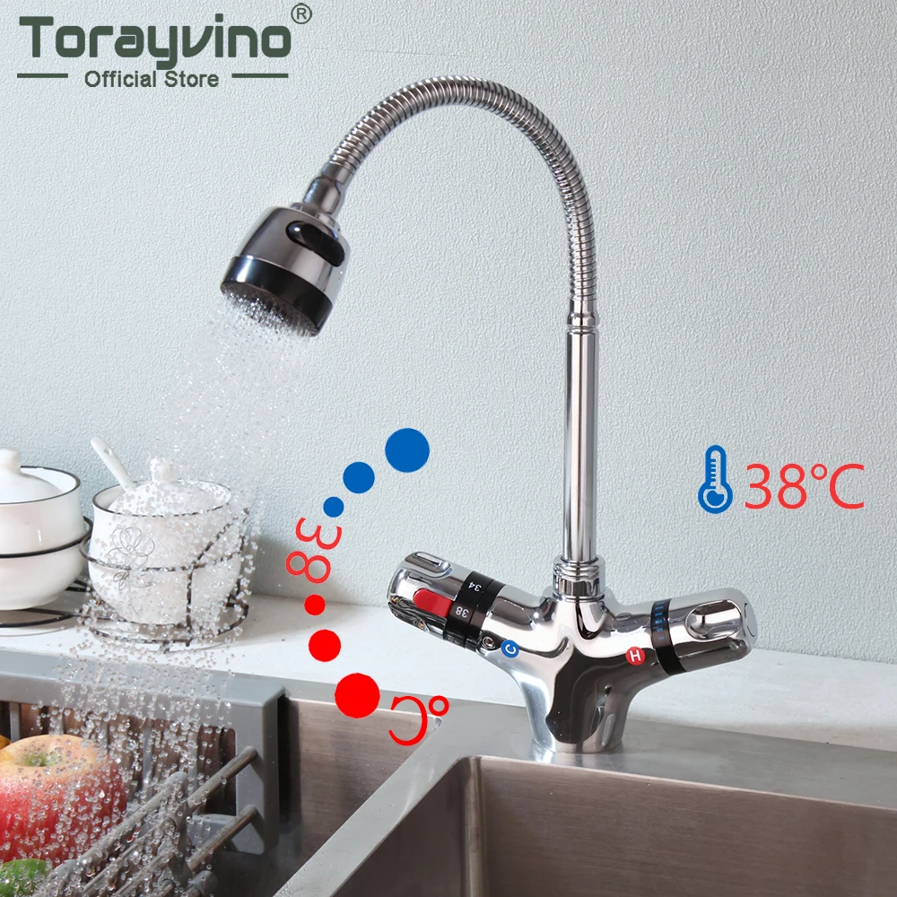 Torayvino Chrome Polished Kitchen Faucet Rain & Column Water Twist Swivel Spout Deck Mount Thermostatic Control Basin Mixer Tap