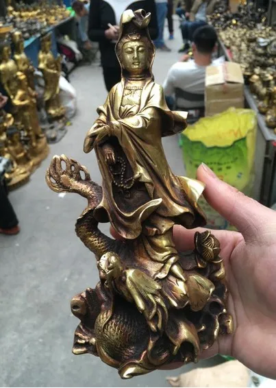 22Cm Royal Chinese Bronze Gilt Dragon Kwan-Yin Quan Yin Guan Yin Goddess Statue