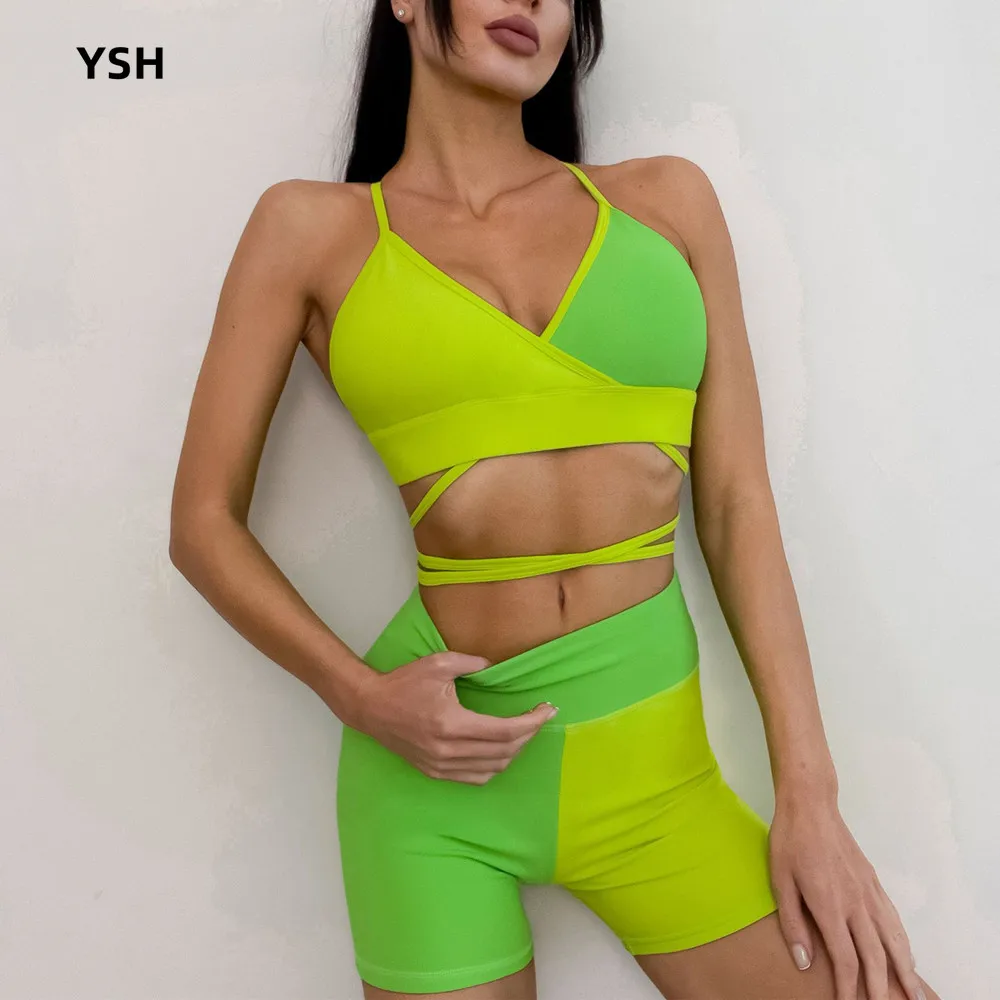 

Спортивные бюстгальтеры YUSHUHUA с контрастным дизайном, женские противоударные сексуальные с V-образным вырезом, блестящее нижнее белье для фитнеса и тренировок
