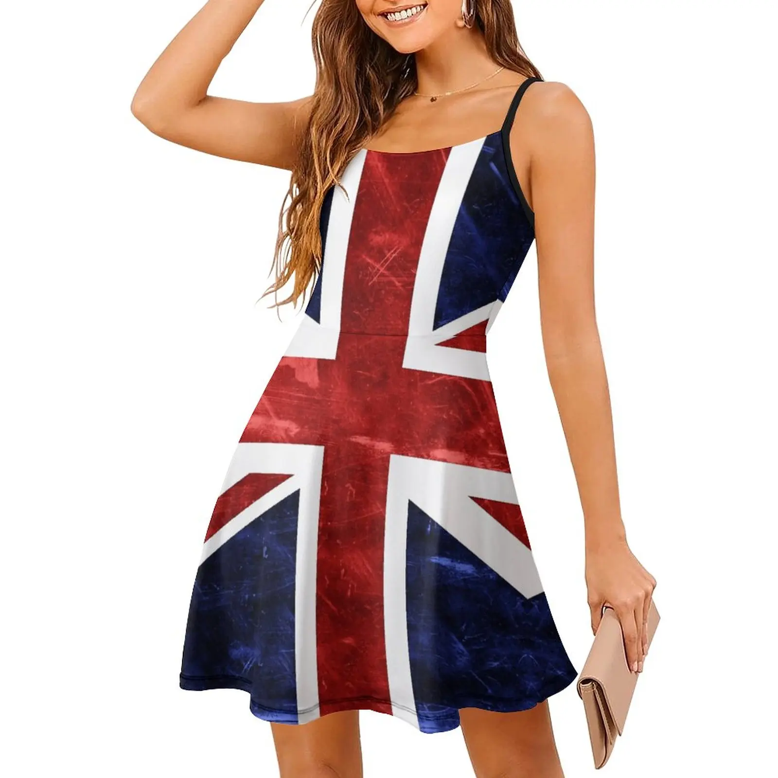 

Grunge Union Jack Flag Women's Sling Dress Humor Graphic The Dress Novelty Sexy Woman's Gown Vacations