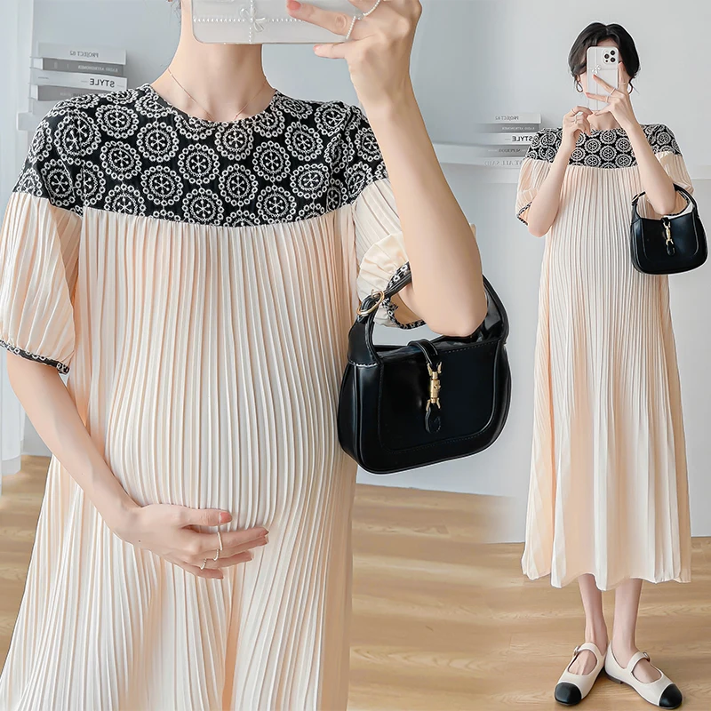 

2324# 2024 Summer Korean Fashion Maternity Midi Dress Patchwork Pleat Loose Straight Clothes For Pregnant Women Casual Pregnancy