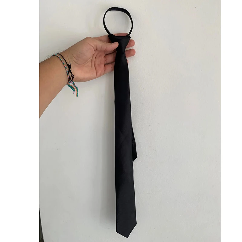 Unisex Black Simple Clip on Tie Women Zipper Ties Retro Silky Narrow Men Lazy Neck Tie Slim Korean Style All-match Trendy Tie