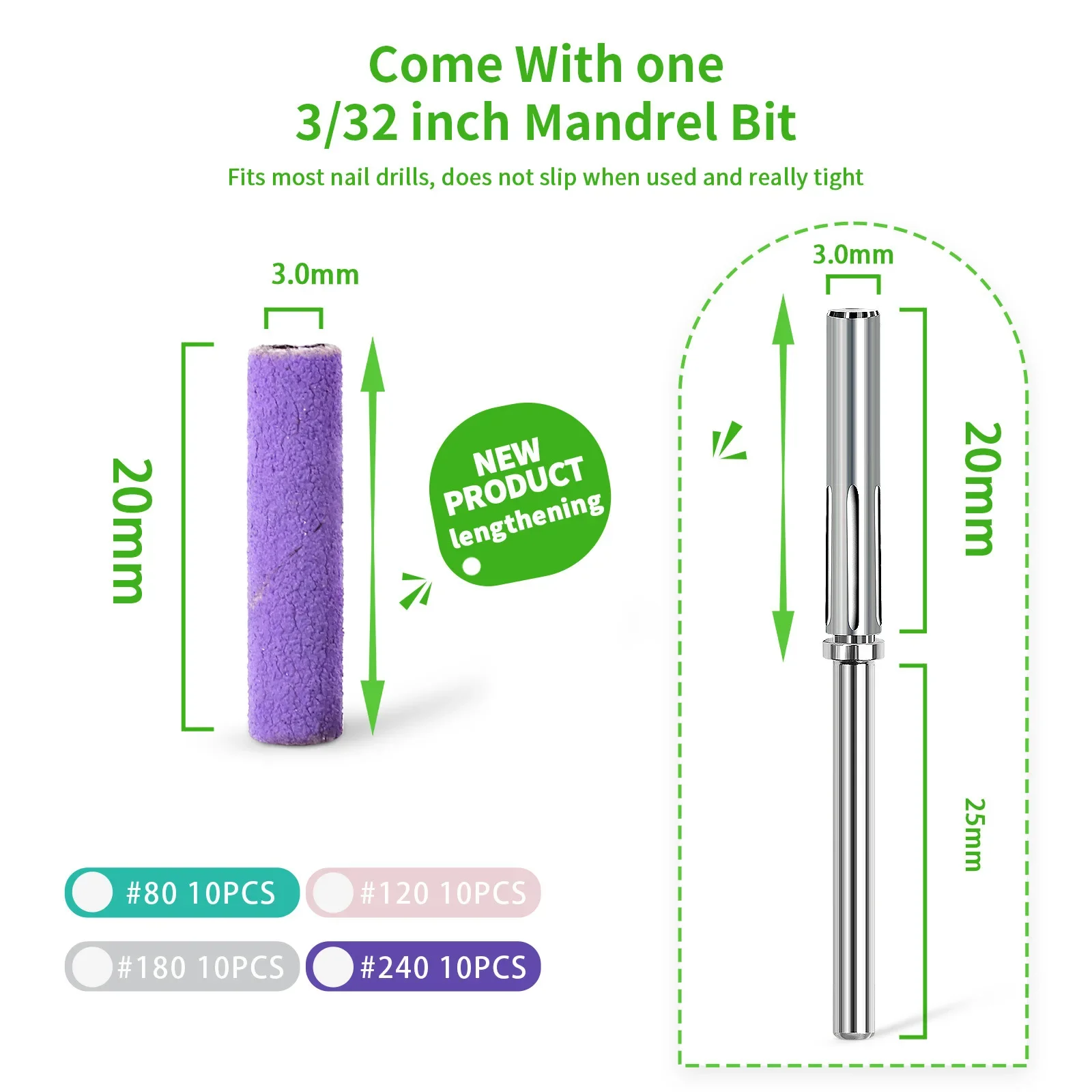 30/40PC 3mm Mini Extra Long Sanding Bands Sets For Acrylic&Polish Gel Removal 80#120#180#240# Stainless Steel Cuticle Drill Bit 2