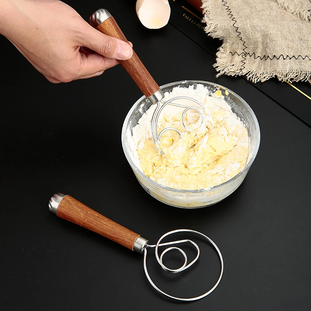 Dough Mixer Danish Dough Whisk Wooden Handle Eggs Cream Mixing Rods Double Holes Flour Cake Stirrer Whisk Kitchen Baking Tools