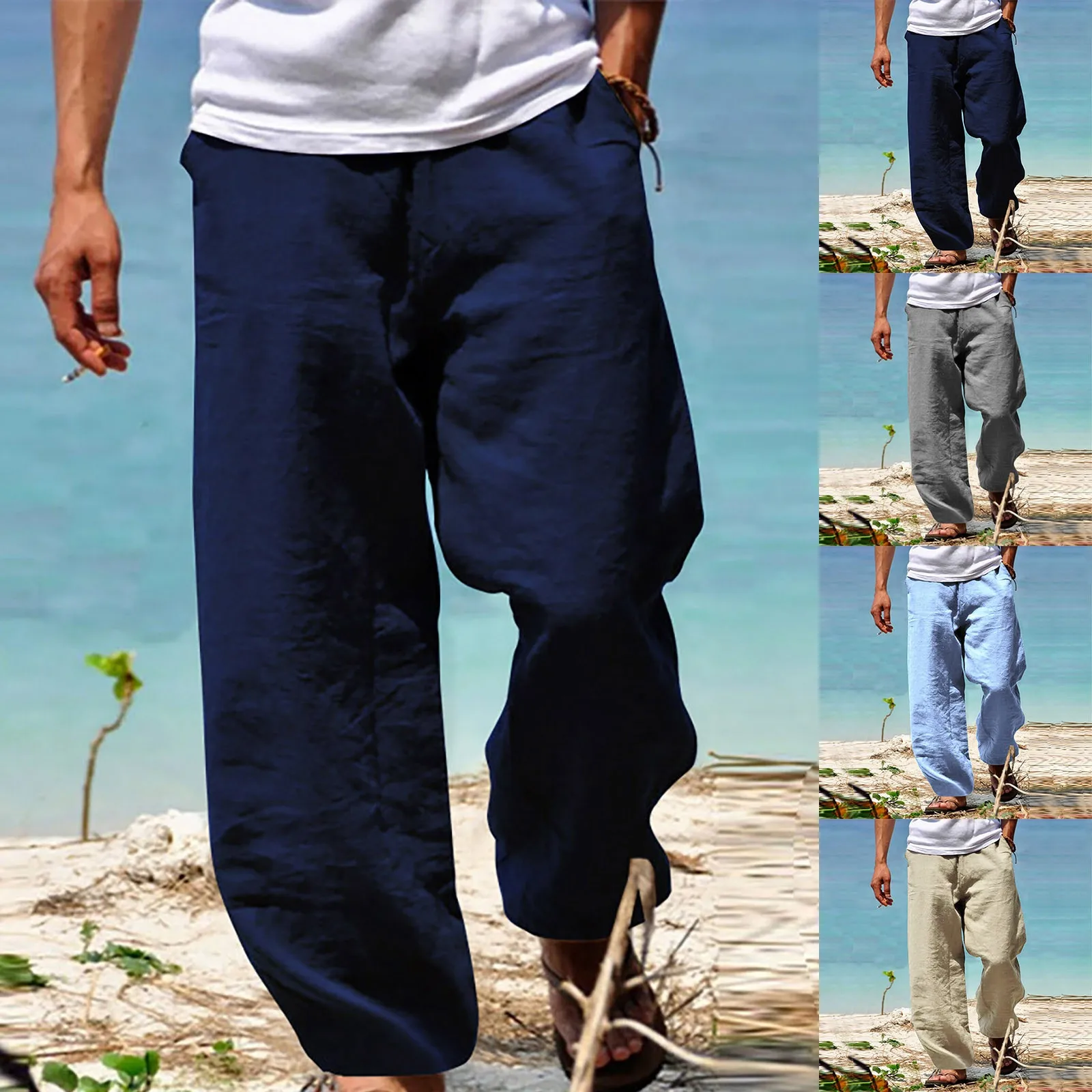 Men pants Men's Cotton Linen Harem Pants Casual Drawstring Elastic Waist