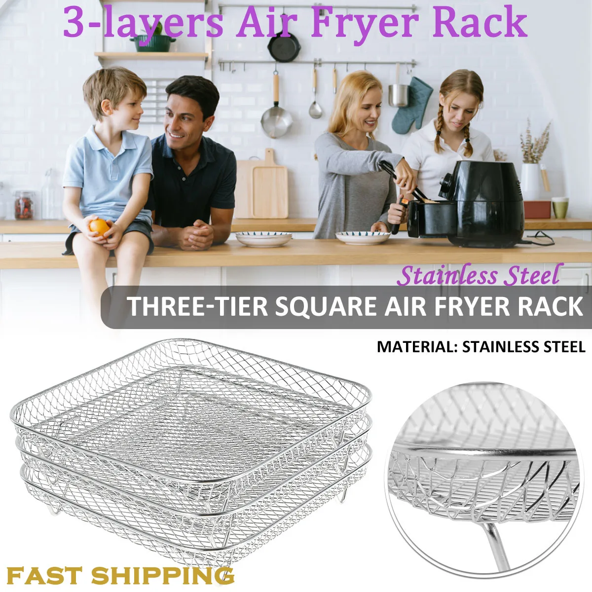 3layersAirFryerRackStainlessSteelStackableDehydratorRacksGrid