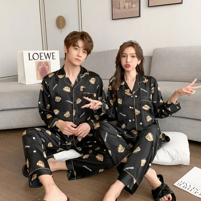 Stay Cool and Comfy in Ice Silk Couple Pajamas Little Bear Printed Long Sleeve Pants Satin Chiffon Thin Homewear