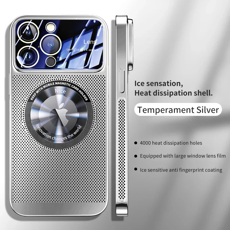Plated Mesh Glass Lens Heat Dissipation Magnetic Phone Case with Enlarged Logo