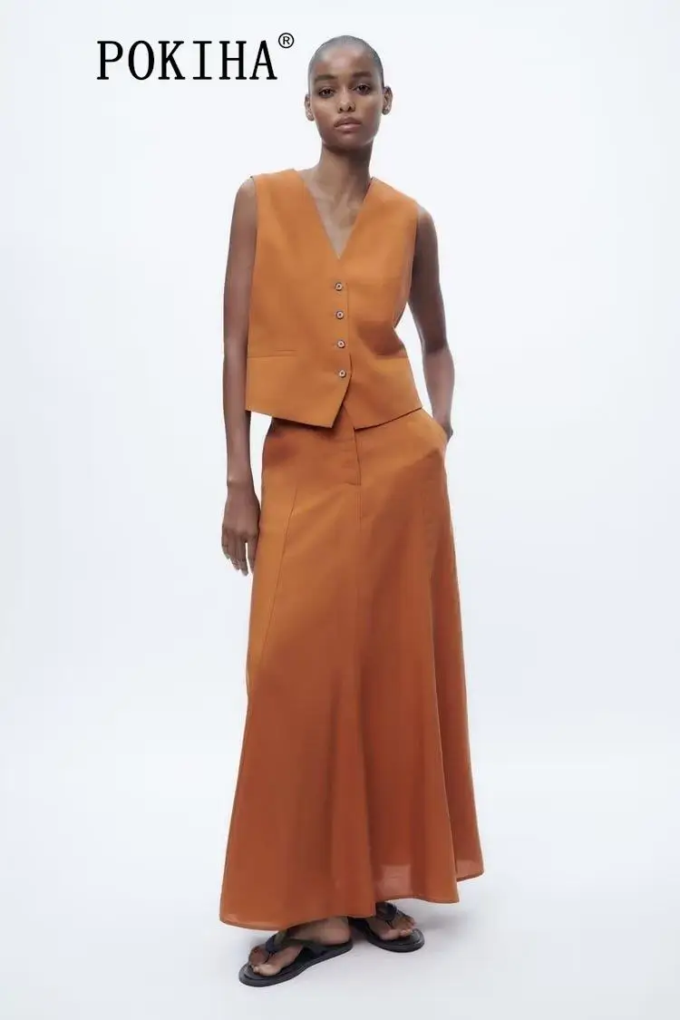 Pokiha Fashion Women Vintage Linen Front Buttons Cropped Waistcoat And Elegant Mid Waisted Midi Dress Female Chic Two_voghion.com