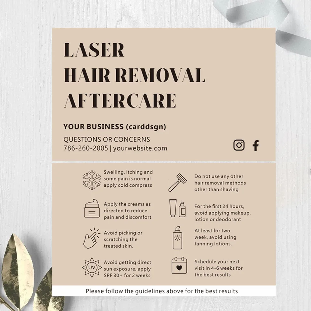 Laser Hair Removal Aftercare Card business Card Printable Beauty Care Instructions 200/500/1000
