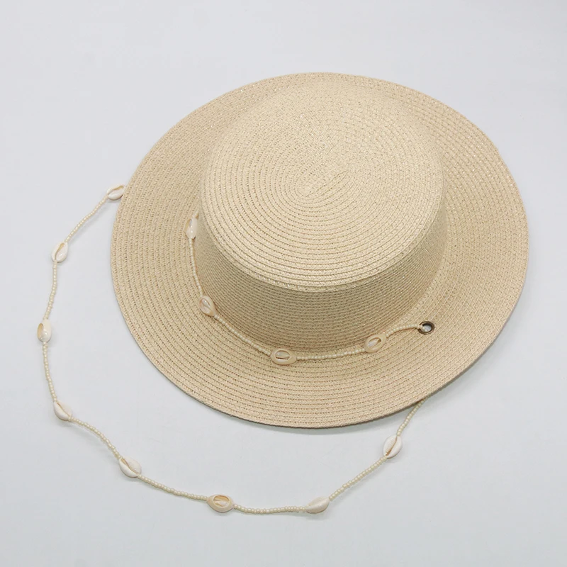 Fashion shell Chain Beach Hat For Women Summer Flat White Sun Hats Necklace Strape Hat 2
