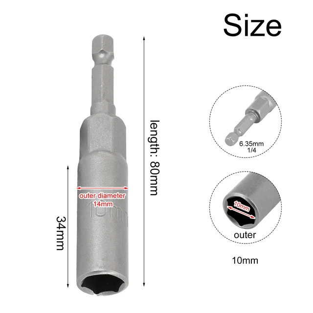 1pc Hex Sockets 80mm Sleeve Nozzles Nut Driver Screwdriver Nut Bolt Drill Bits 1/4inch Hex Socket Wrenches 5.5-19mm Accessories 4