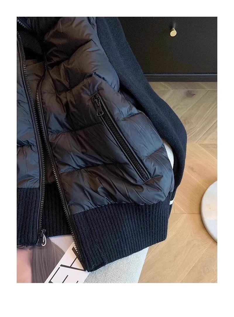 Women's Down Cotton Jacket Autumn Winter Color Contrast Splicing Knitted Long Sleeve Coats Lightweight Stand Collar Outerwear