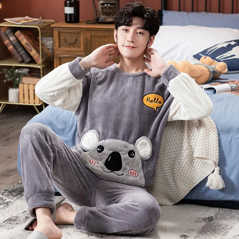 2021 Winter Long Sleeve Couple Thick Warm Flannel Pajama Sets for Men Cute Cartoon Sleepwear Pyjamas Women Homewear Home Clothes silk sleepwear Men's Sleep & Lounge