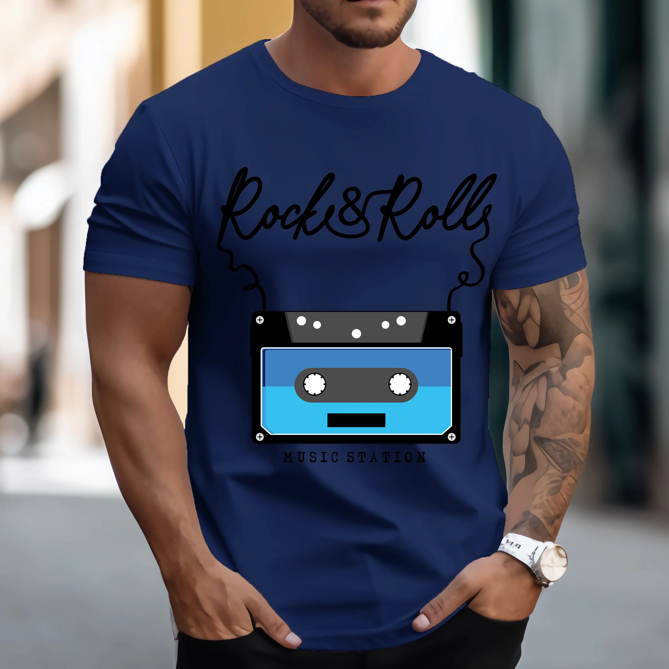 

Graphic printed short-sleeved men's T-shirt new versatile 2024 solid color texture summer clothes trendy casual round neck