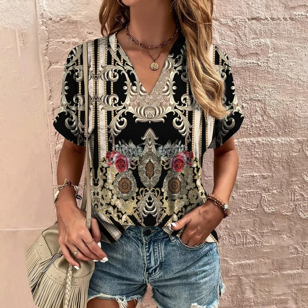 Ethnic Printed Summer Women's T-Shirt Short Sleeve Fashion V-Neck Tee Shirt Casual Harajuku Outdoor T Shirt for Ladie Streetwear