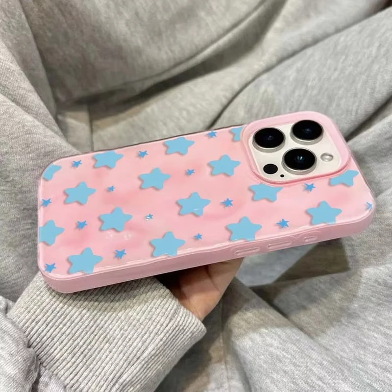 Korean-Inspired Wrinkled Yellow Stars Shockproof Phone Case with Textured Soft Back Cover