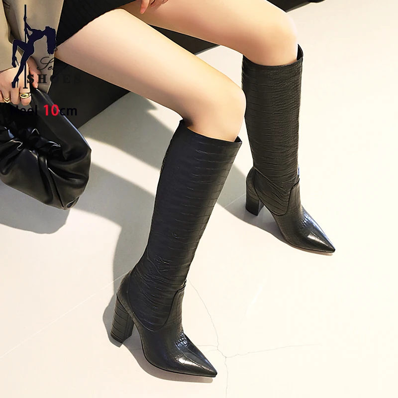 Autumn Winter Long Boots For Women Plus Size 34-46 Fashion Ladies High Heels Pointy Toe Woman Shoes Soft Leather Knee High Boots