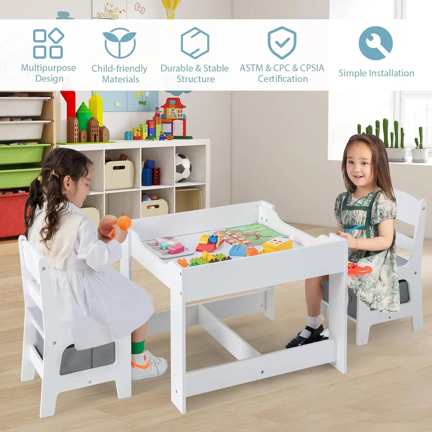Kids Table and Chair Set, 3 in 1 Wooden Activity Table for Toddlers Arts, Crafts, Drawing, Reading, Playroom, Toddler Ta