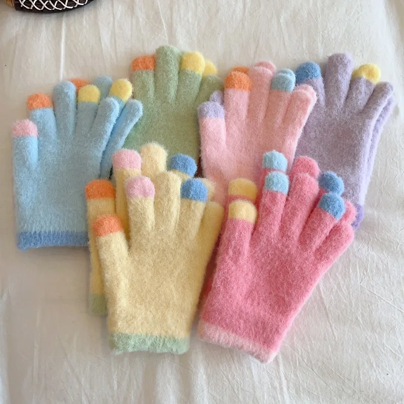 Candy Colour System Plush Kids Gloves Kids Winter Cold Warm Thickened Gloves Children Windproof Five-finger Glof Coloured Glof
