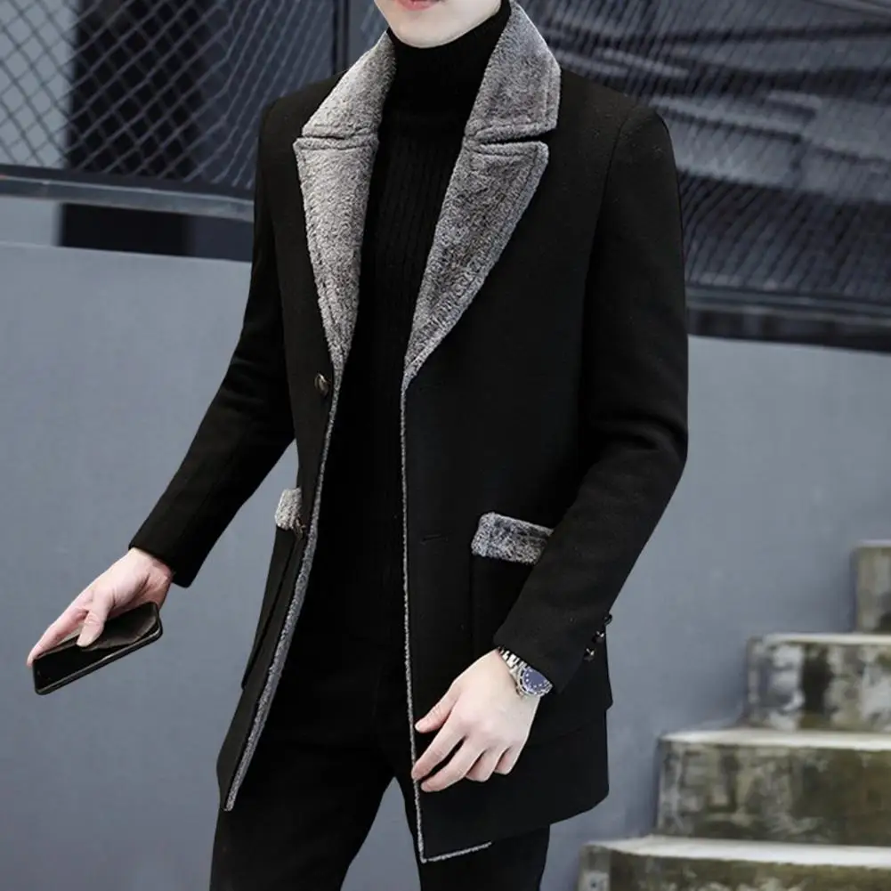 Stylish Men Business Jacket Washable Warm Overcoat Plush Collar Turn-down Collar Buttons Windbreaker Keep Warm