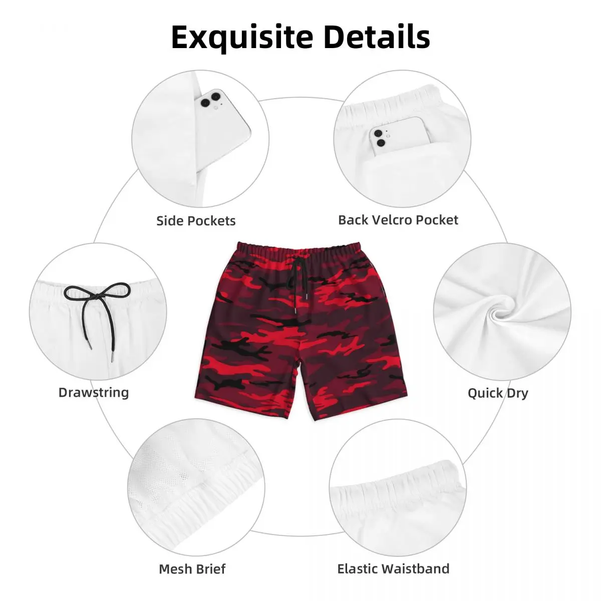 Men Board Shorts Red Camo Casual Swim Trunks Army Camouflage Breathable Sportswear Hot Plus Size Beach Short Pants 5