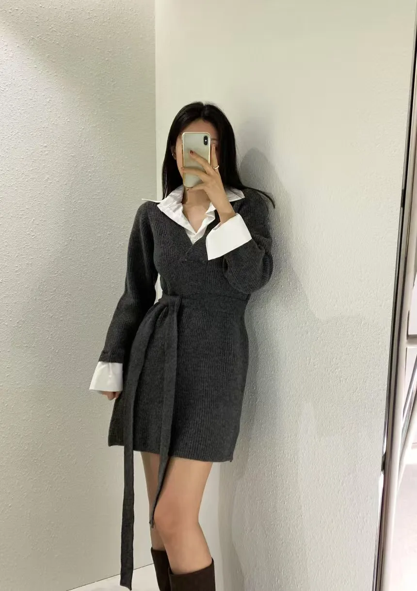 Korean Chic Mini Dresses Women Turn-down Collar Long Sleeve Shirt Patchwork Autumn Winter Knitted Dress Casual Fashion Vestidos