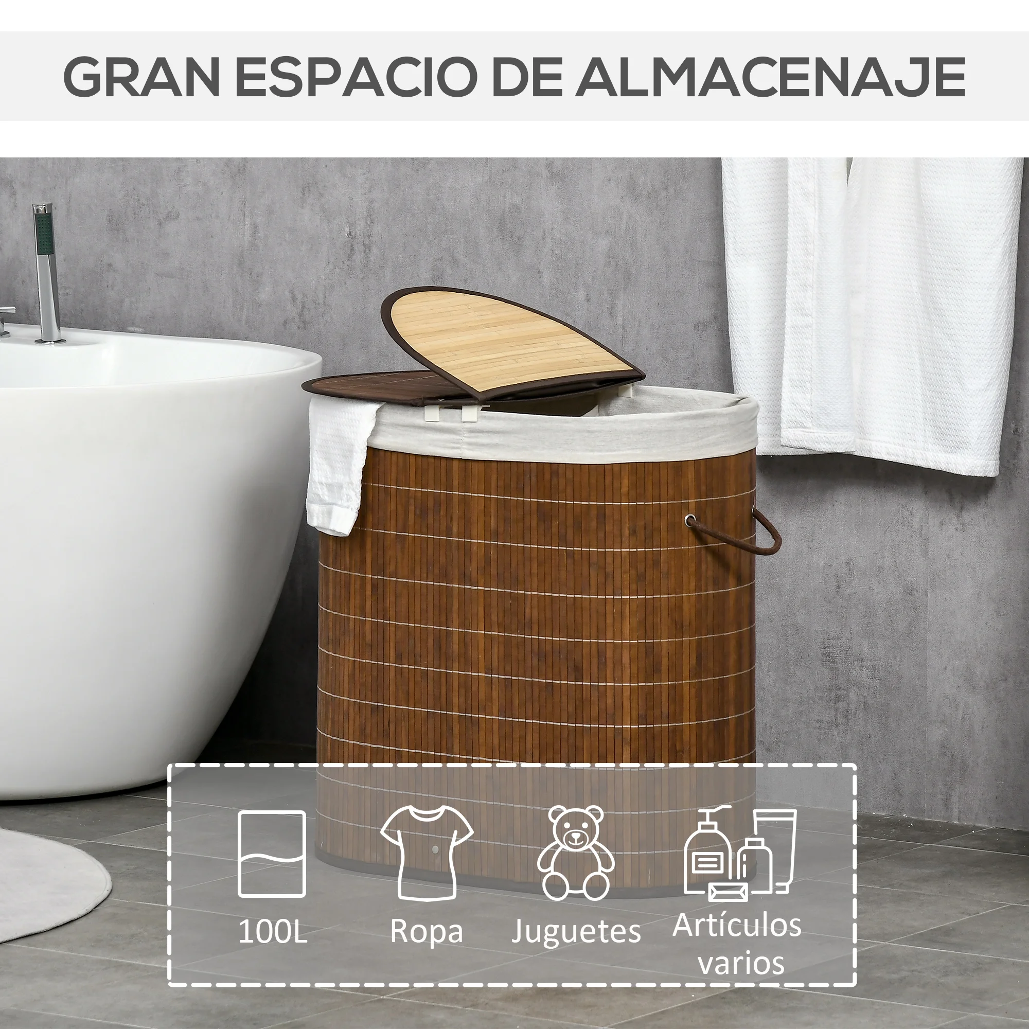 Cesto para Ropa Sucia Plegable con Tapa Cubo para Colada Rectangular Bambú  70L