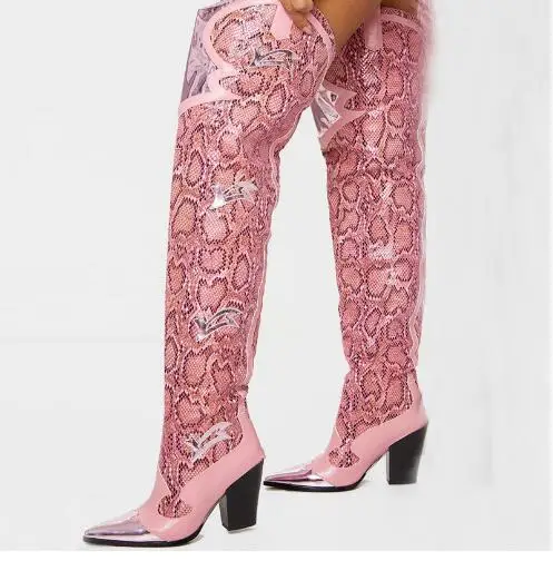 

Winter Pink Snakeskin Python Leather Pointed Toe Mixed Color Tube Slip On 10 CM Square Heel Over The Knee Thigh Long Boots Shoes