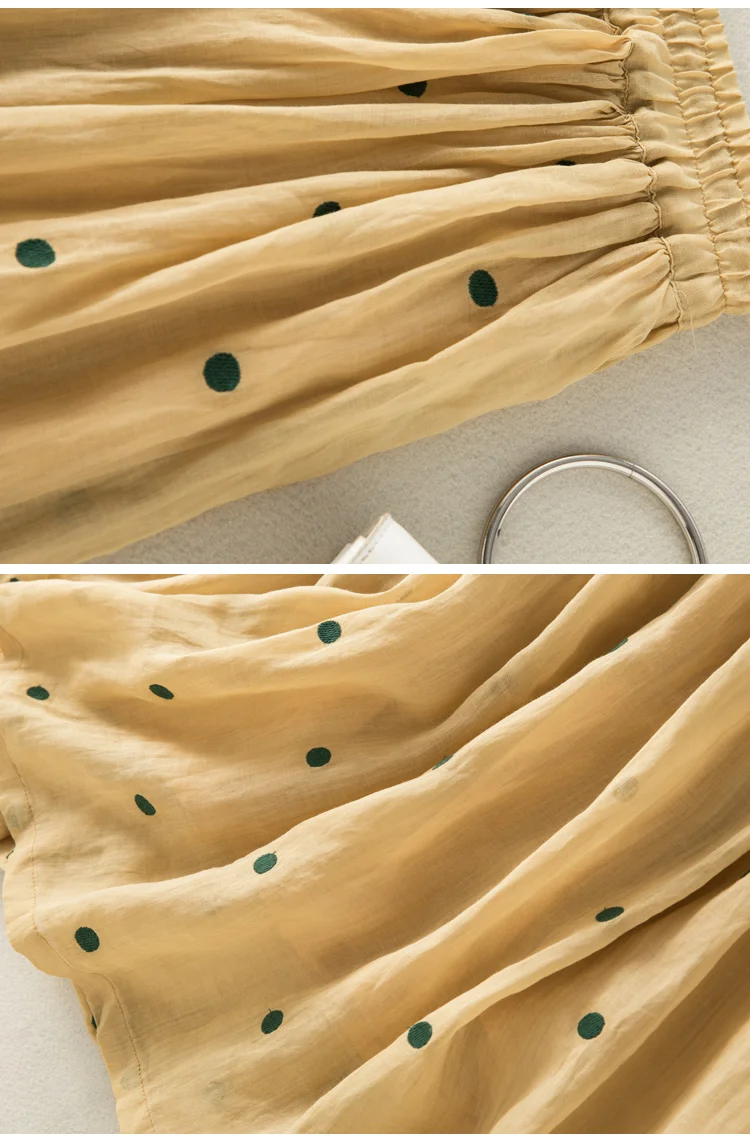 Polka Dot Cotton Linen Skirt Women Drawstring Elastic Waist A-Line Casual Vintage Big Swing Pleated Skirts Summer