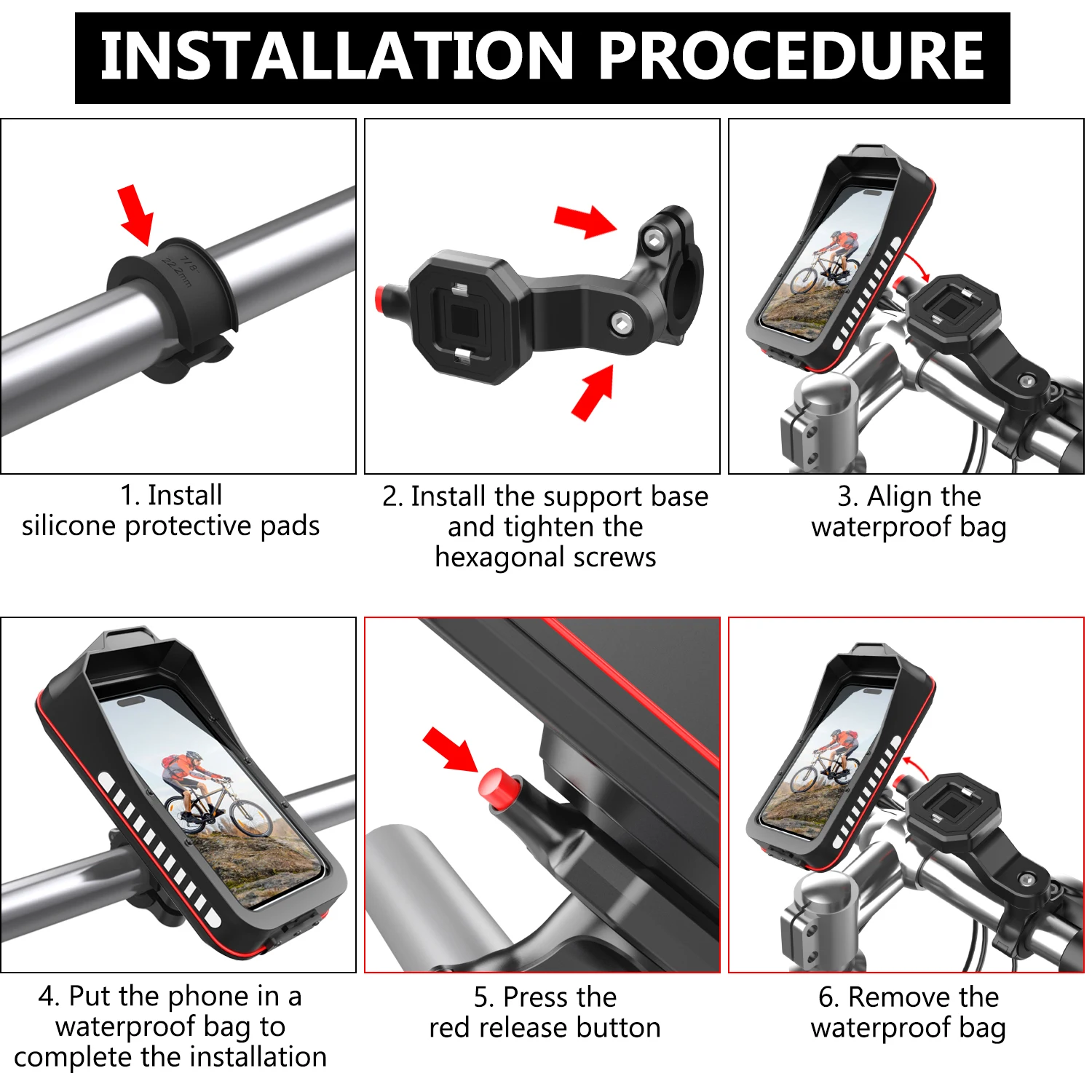 Waterproof Bike & Motorcycle Phone Holder with Handlebar Base and Touchscreen