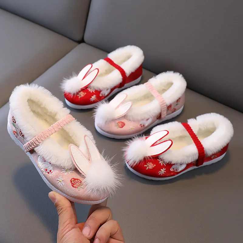 

Velvet Cotton Shoes Winter Children Hanfu Plush Baby Girls Flowers Embroidery Chinese Vinage Princess Kids Beads Tassel Flats