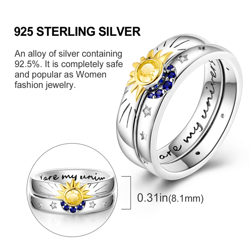 PANPOKI 925 Sterling Silver Women Rings HOT Style Love Heart Star Moon Double Combination Rings Wedding Girls Jewelry Gifts