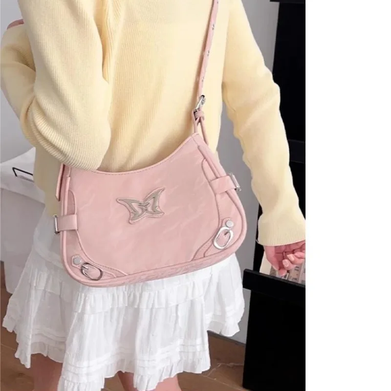 Xiuya Silver Y2k Womens Shoulder Bag Casual Aesthetic Literary Korean Style Fashion Handbag Summer Butterfly Leather Armpit Bag