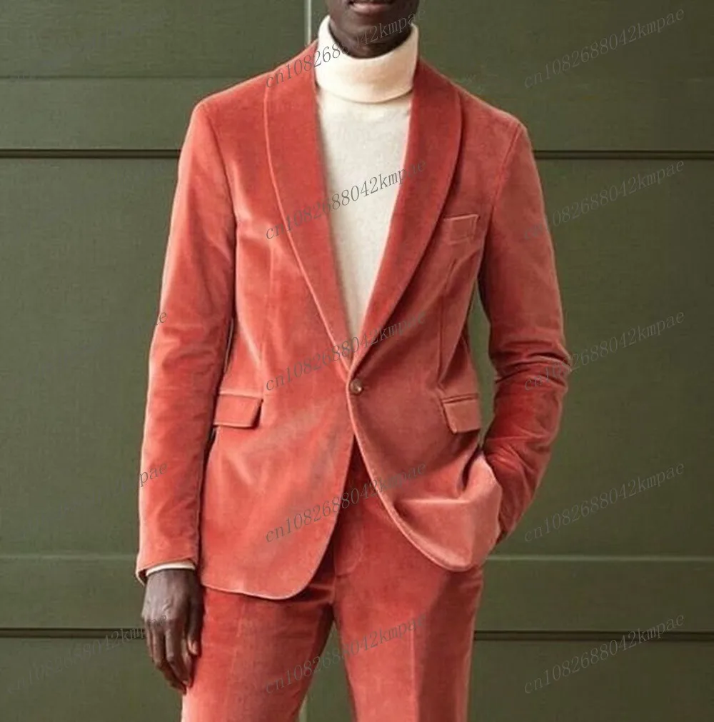 Men Suit 2 Piece Set Blazer Pants Coral Red Velvet Formal Business Groom Groomsman Wedding Party Prom Male Tuxedos