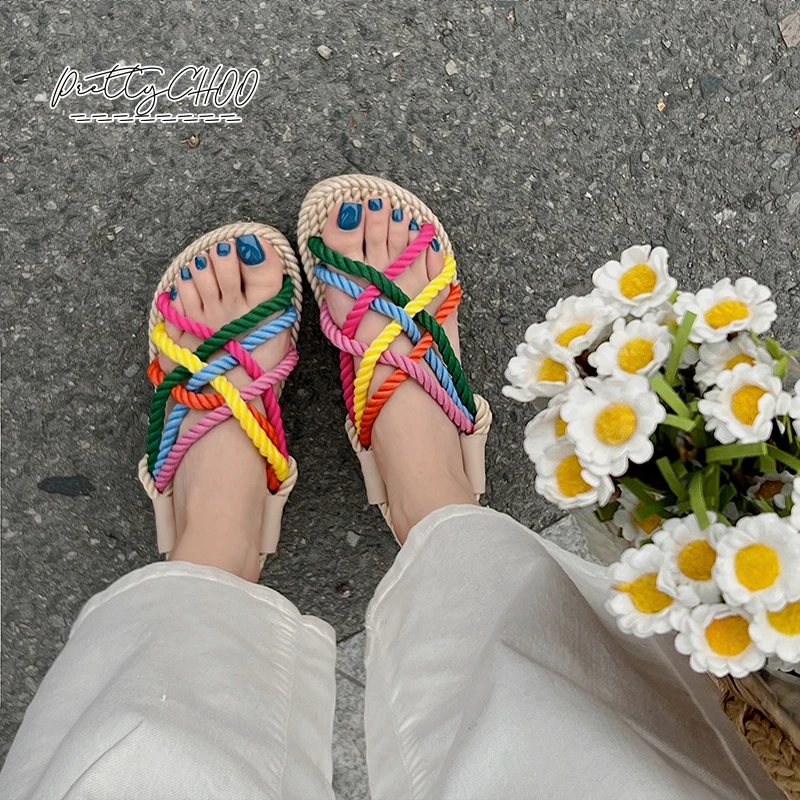 Rainbow Color Rope Sandals Woman Retro Weaved Fishman Sandalias Ladies Sea Blue Beach Slippers Handmade Bohemian Straw Shoes