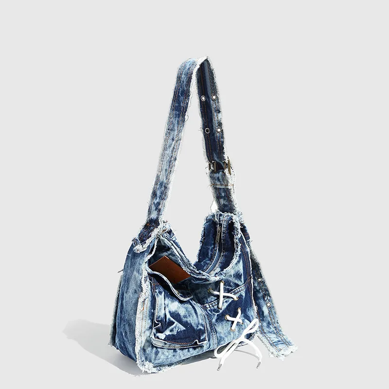 Women's Denim Shoulder Bag Big Capacity Y2K Hot Girl Vibe Distressed Washed Denim Retro Small Batch Wasteland Style Tote