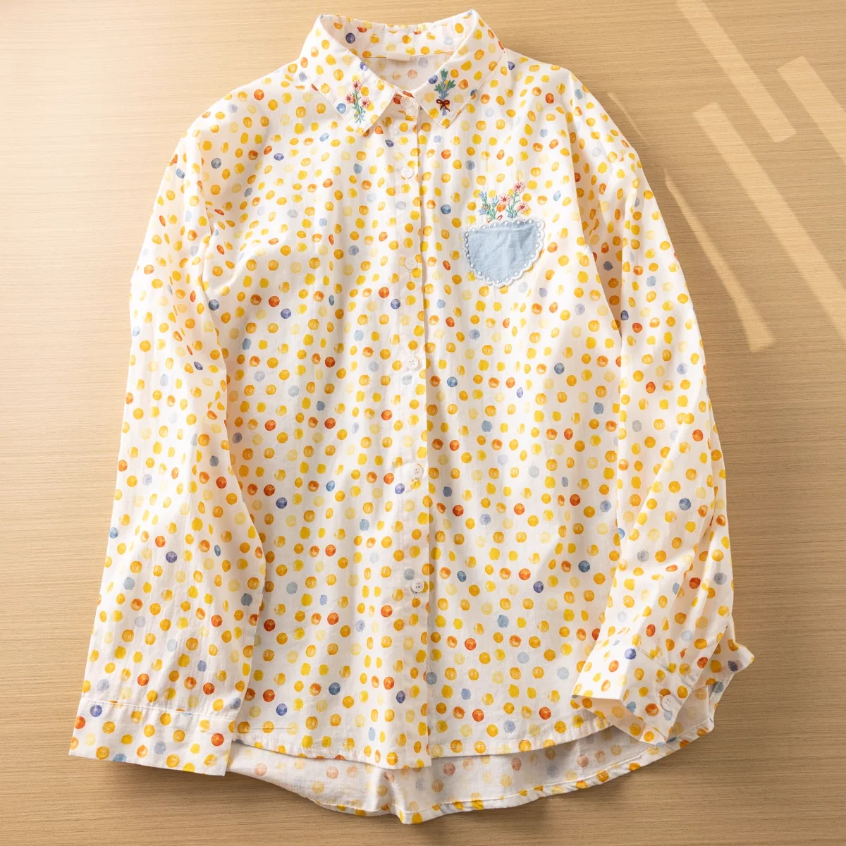 100% bavlna nit žlutý polka tečka kosile a halenky pro ženy dlouhé rukáv topy podzim jaro japonec styl kapsa náplast kosile