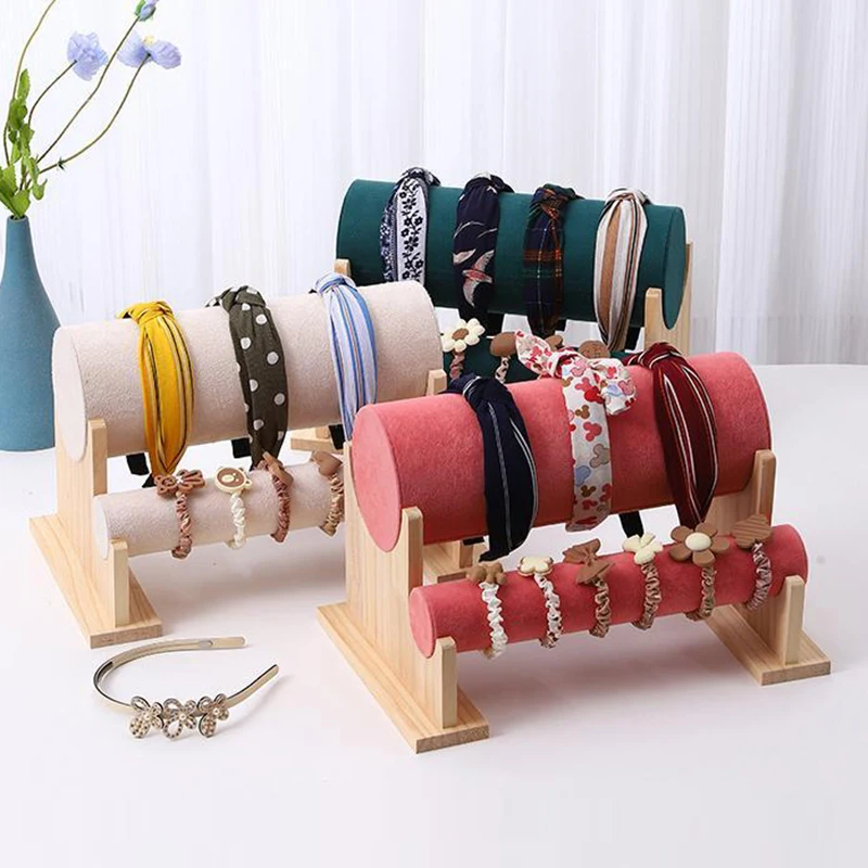 Double-Layer Wooden Headband Stand Holder Head Rope Storage Rack For Jewelry Store Headgear Organizer Hair Band Display Stand