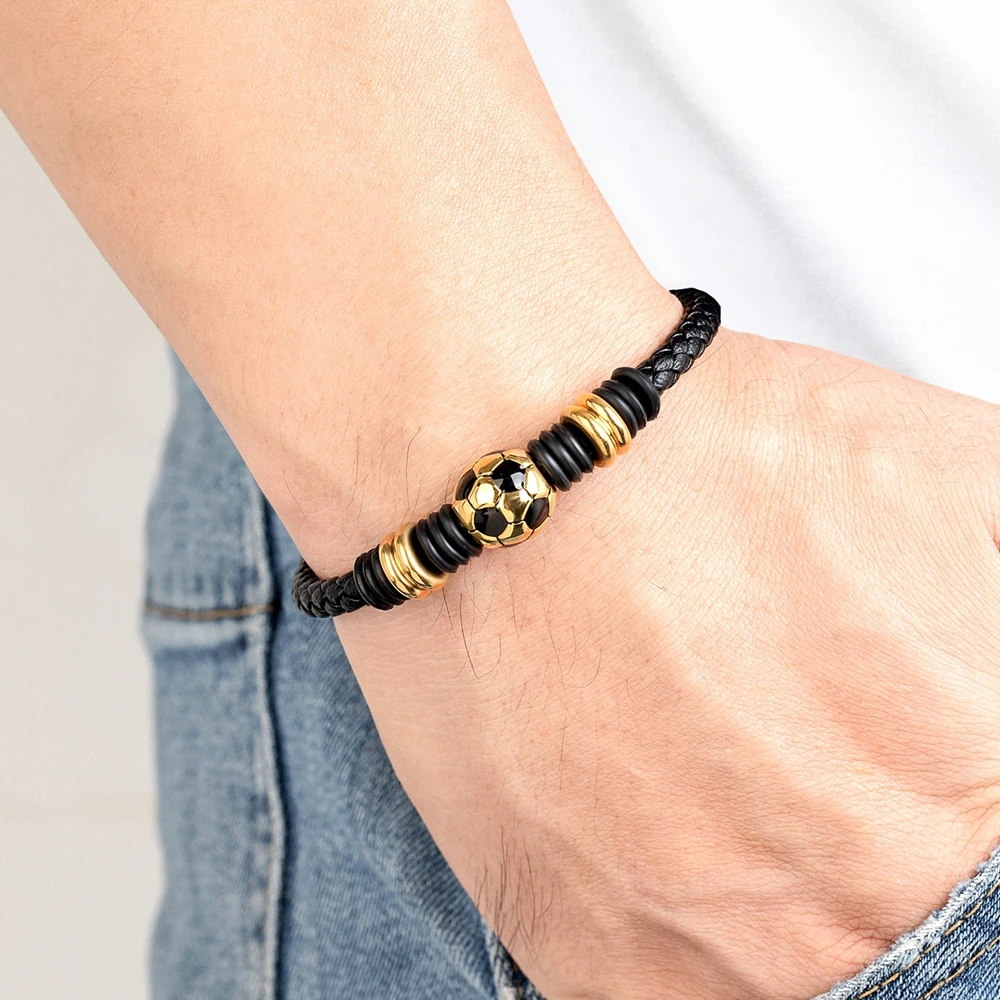 Leather Bracelet Men's Stainless Steel Button Football Accessories