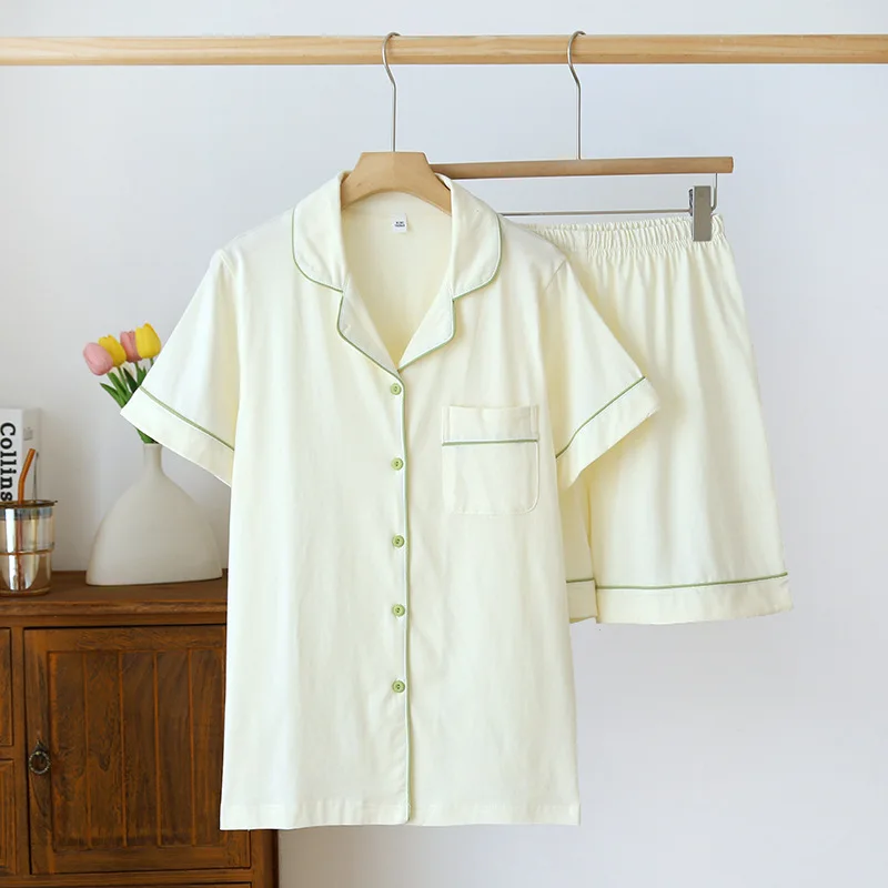 Summer Women's Pajama Set Knitted Cotton Short Sleeve Shorts Two Piece Cardigan Solid Color Casual Large Homewear women pajamas set,women pajama suit,cotton pajamas set