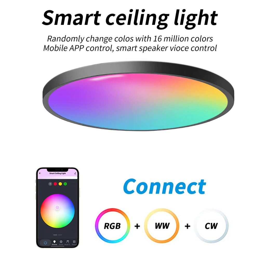

Smart WiFi Ceiling Light 24W 12.5 Inch 1920LM APP/Voice Control LED Lamp RGBCW Dimmable LED Ceiling Light For Room Decor