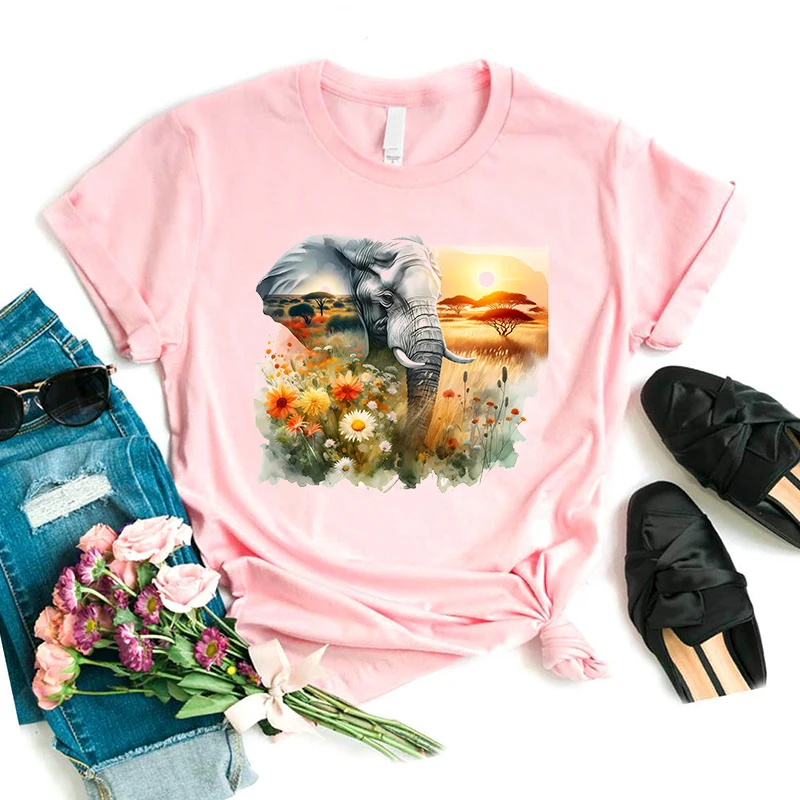 Aquarell Elefant Natur Tier Gedruckt T-shirt Mädchen Lustige Rosa T Shirt Frauen Casual Kunst Ästhetische Kleidung Sommer Tops T-Shirt – Detail 2