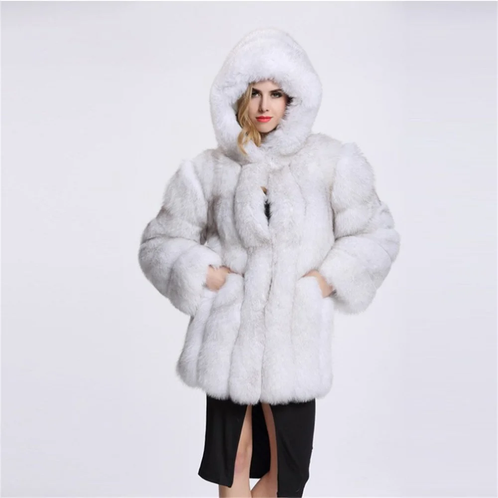 S-5XL Winter Warm Plush Coat Women Striped Faux Fox Fur Collar Cardigan Outstreet Wear Thick Long Sleeves Jacket With Hooded