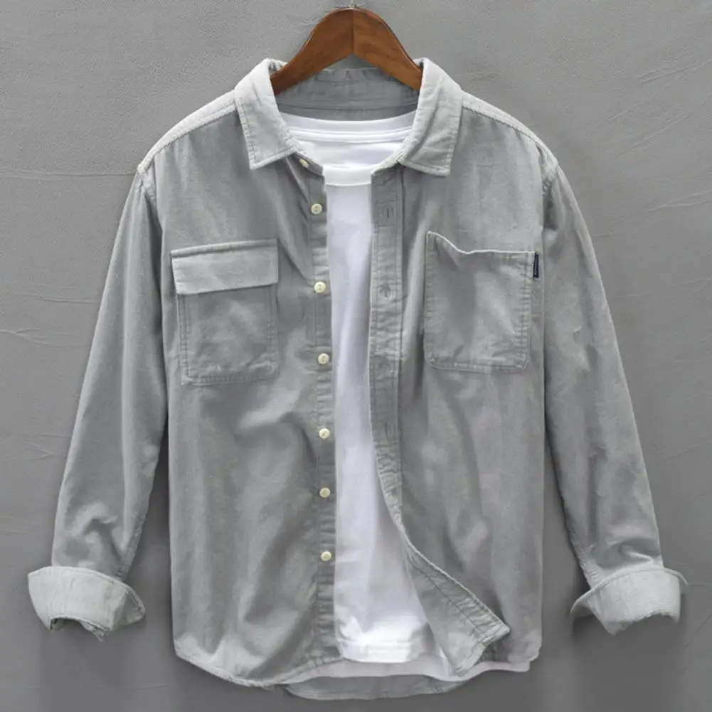 

Cargo Pocket Men Shirt Men Button-up Shirt Men's Corduroy Cargo Workwear Shirt with Chest Pockets Turn-down Collar for Outdoor