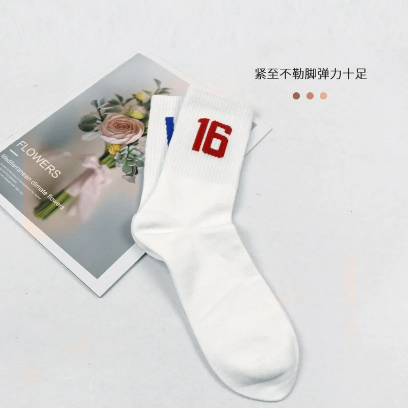 Summer solid color medium socks, girls fashion versatile breathable combed cotton socks, number and letter pattern long socks