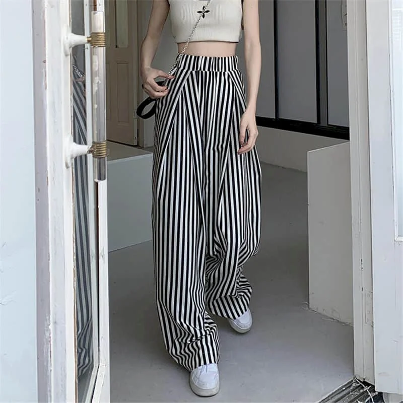 

Slim Striped Casual Trousers Women 2023 Summer Thin Loose High-waisted Wide-leg Trousers Streetwear Women Clothing Korean Style