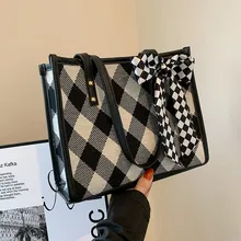 

Fashion Luxury Brand Design Ladies Plaid Ribbon Cosmetic Shoulder Handbag Large Capacity Shopping Travel Beach Tote Bag